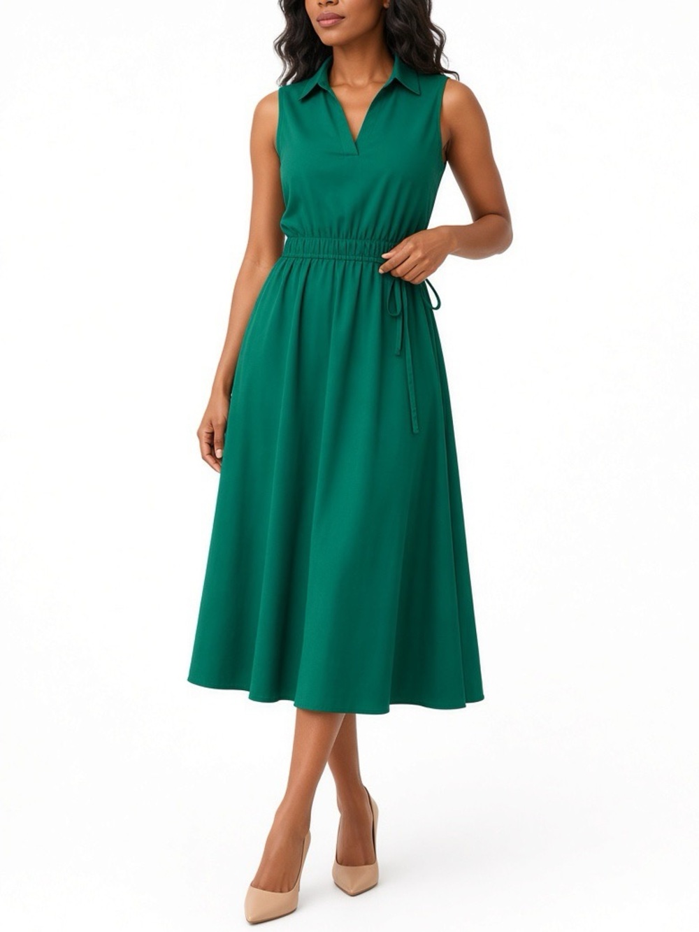 Calvin Klein Emerald Green Sleeveless Collared Midi Cutout Back Dress 10 NWT